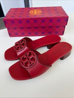 Tory Burch red 631 leather bombe miller slide open toe sandals logo size 7